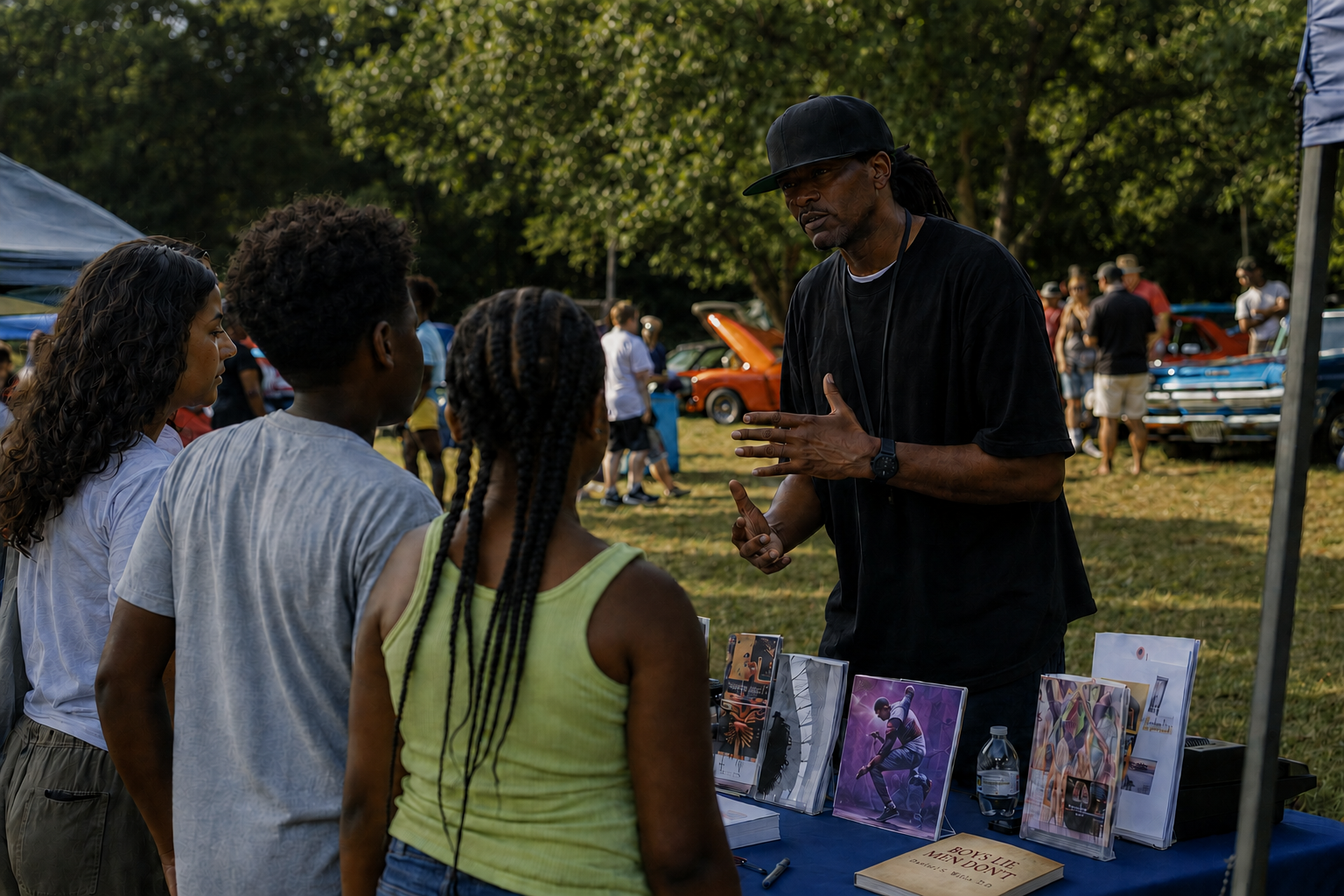 Daniyel Willis discussing youth arts and mentorship at a Hope For Trust USA community outreach table