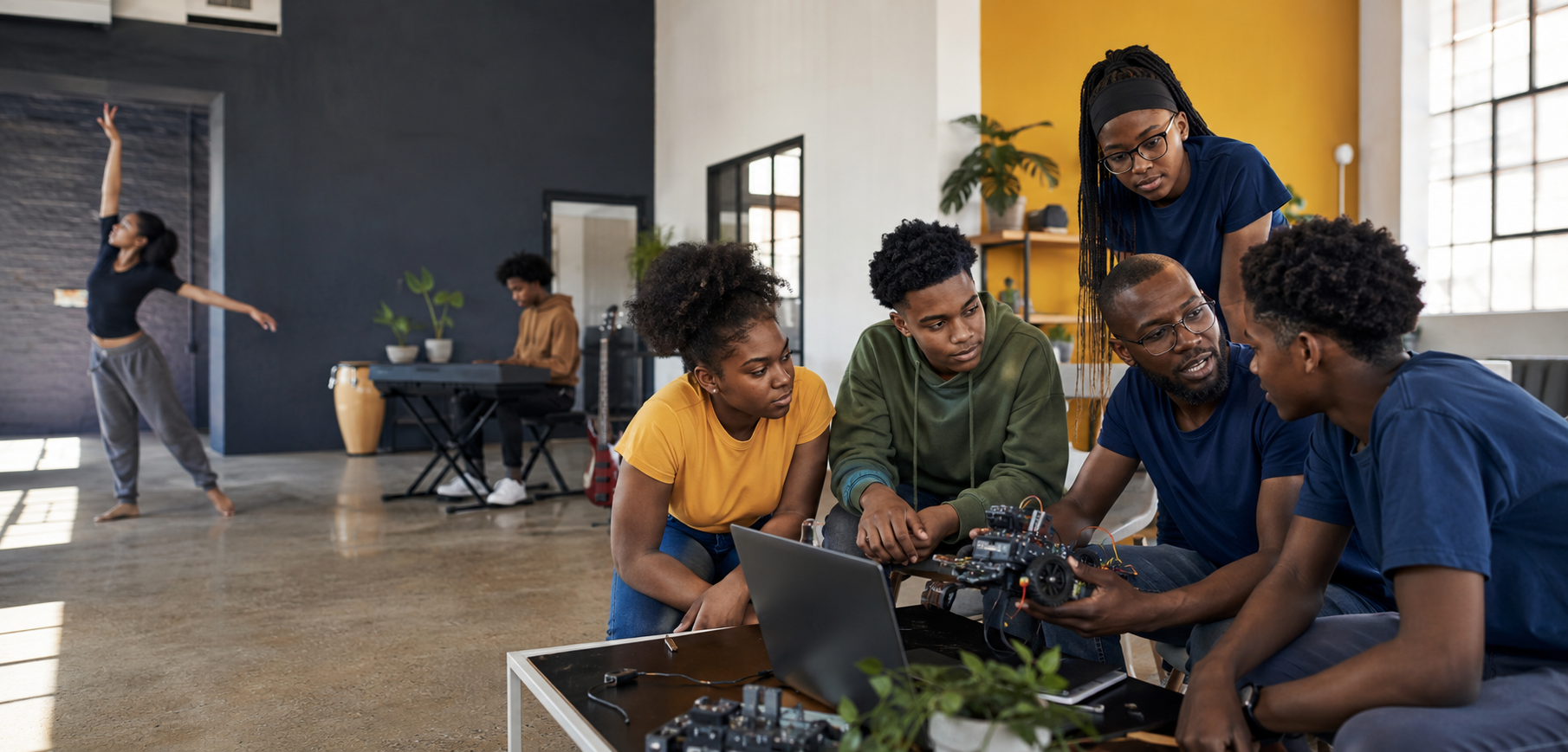 Young people collaborating with a mentor through dance, music and technology